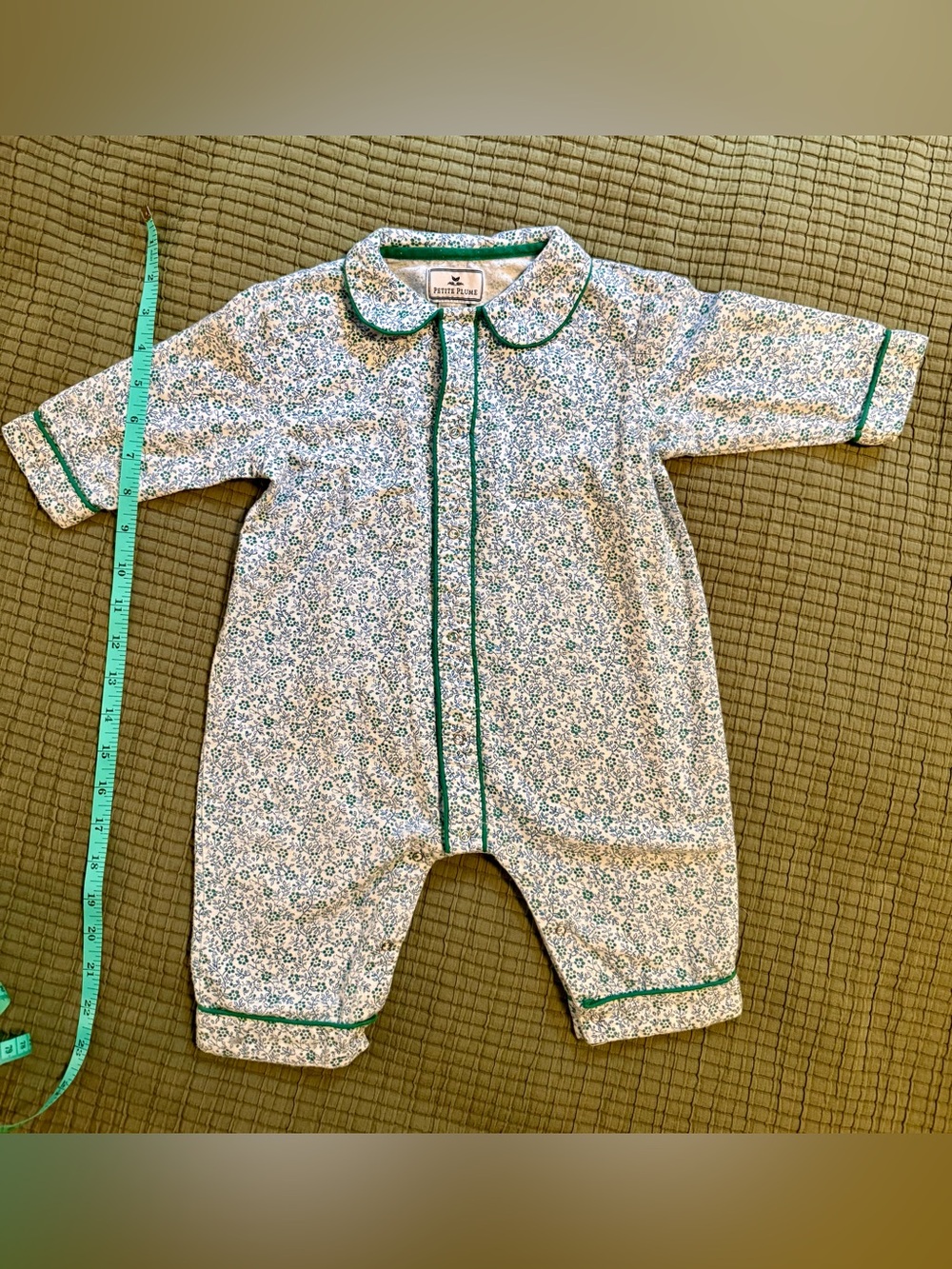 Petite Plume 12/18 mo Classic Romper in blue green paisley